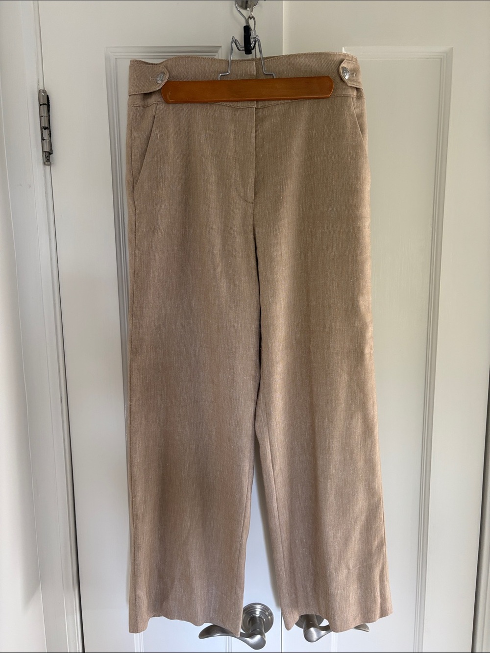 Veronica Beard Natural Linen Wide-Leg Cropped Pants w/Button Detail on Waist